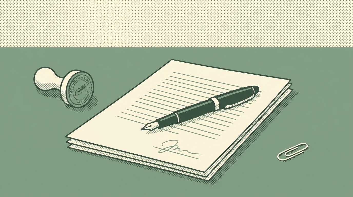 Duotone halftone illustration of a signed contract document, a fountain pen, a rubber stamp, and a paperclip on a desk