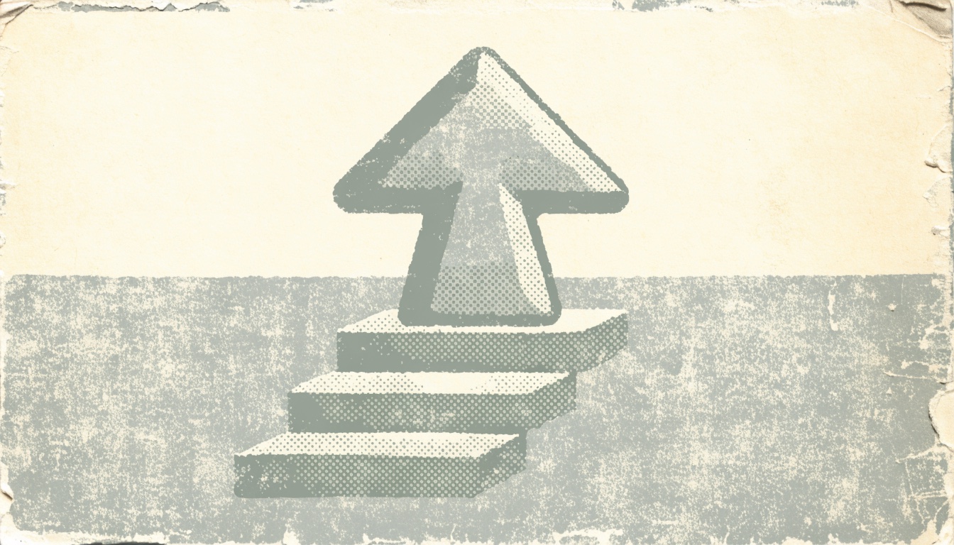 Duotone halftone illustration of a bold upward arrow climbing a short three-step staircase