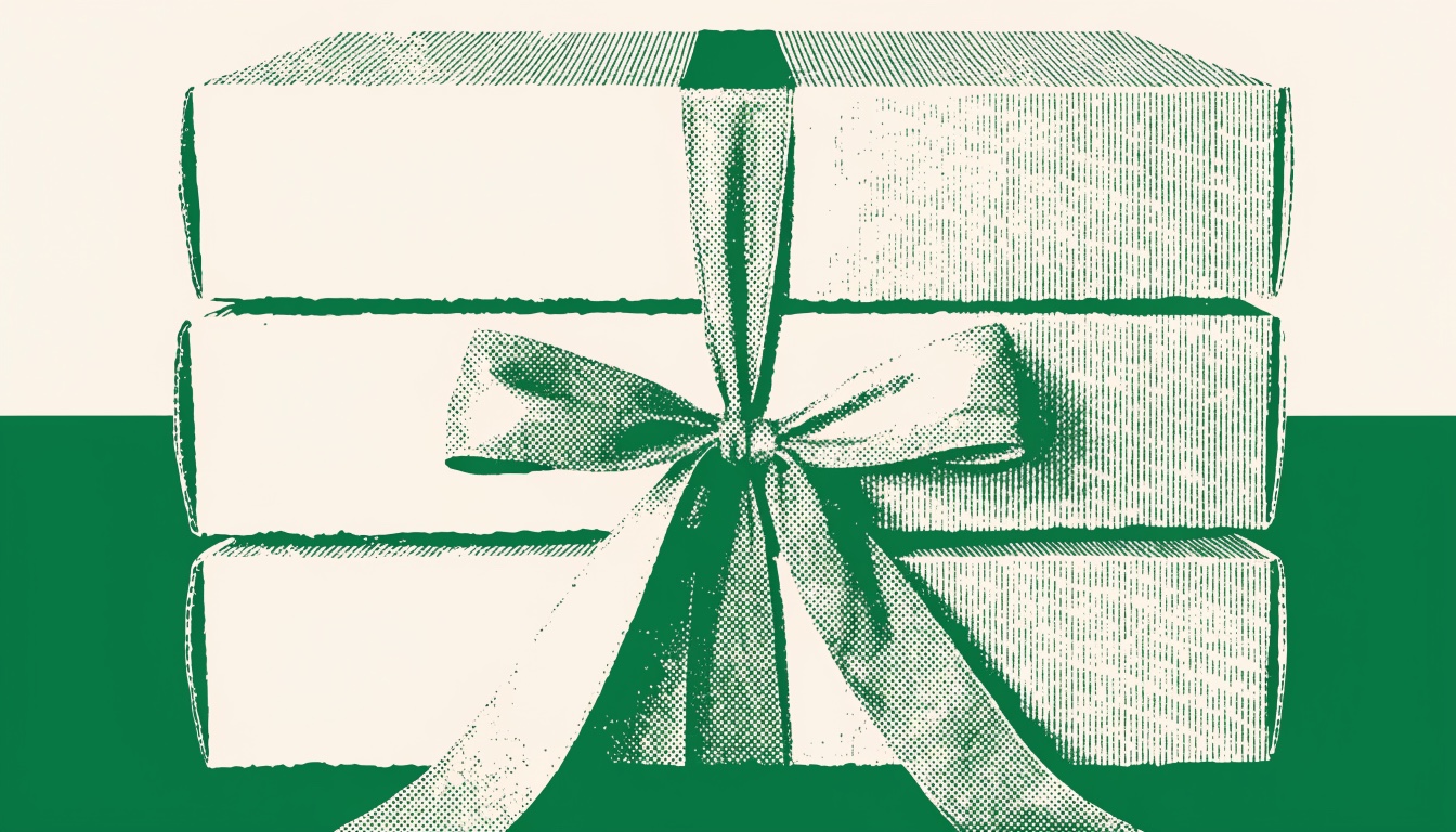 Duotone halftone illustration of a neat stack of three identical sealed product boxes tied with a ribbon