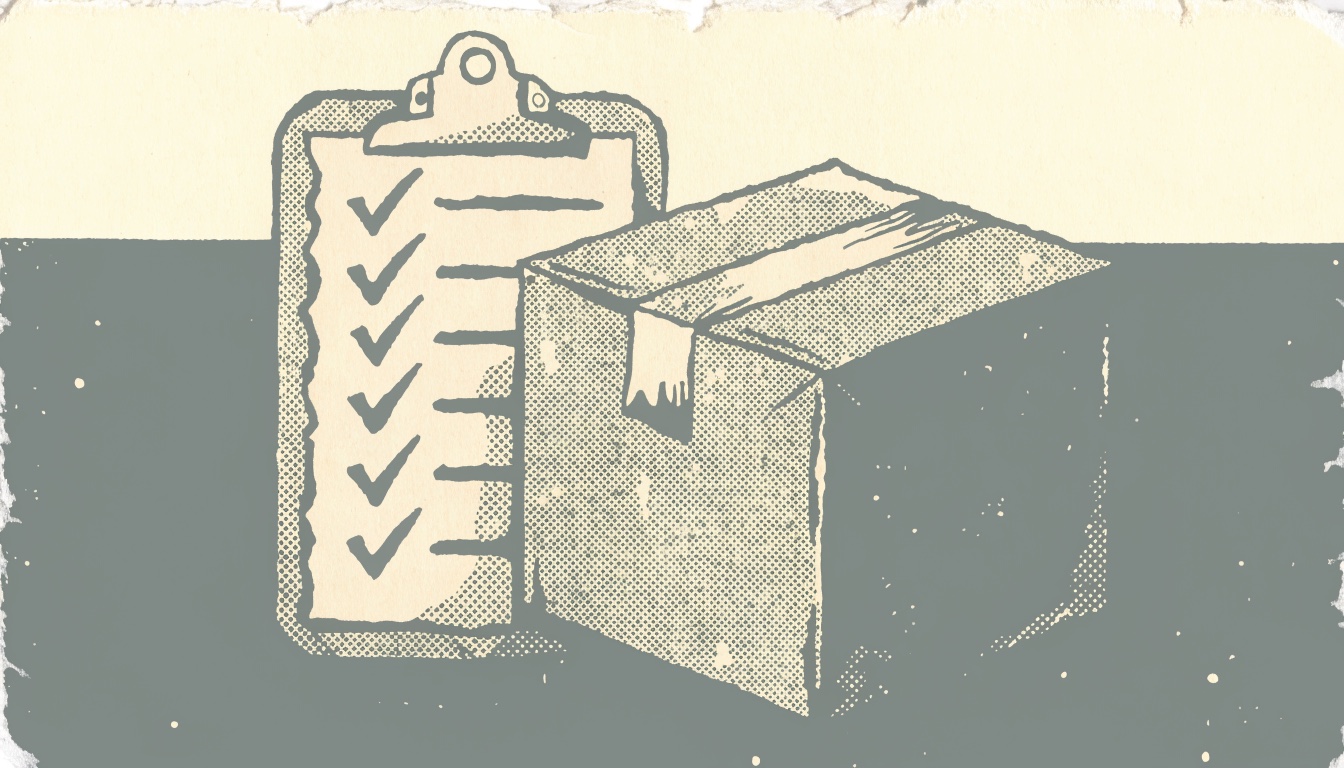 Duotone halftone illustration of a checklist clipboard with ticked boxes next to a sealed taped cardboard box
