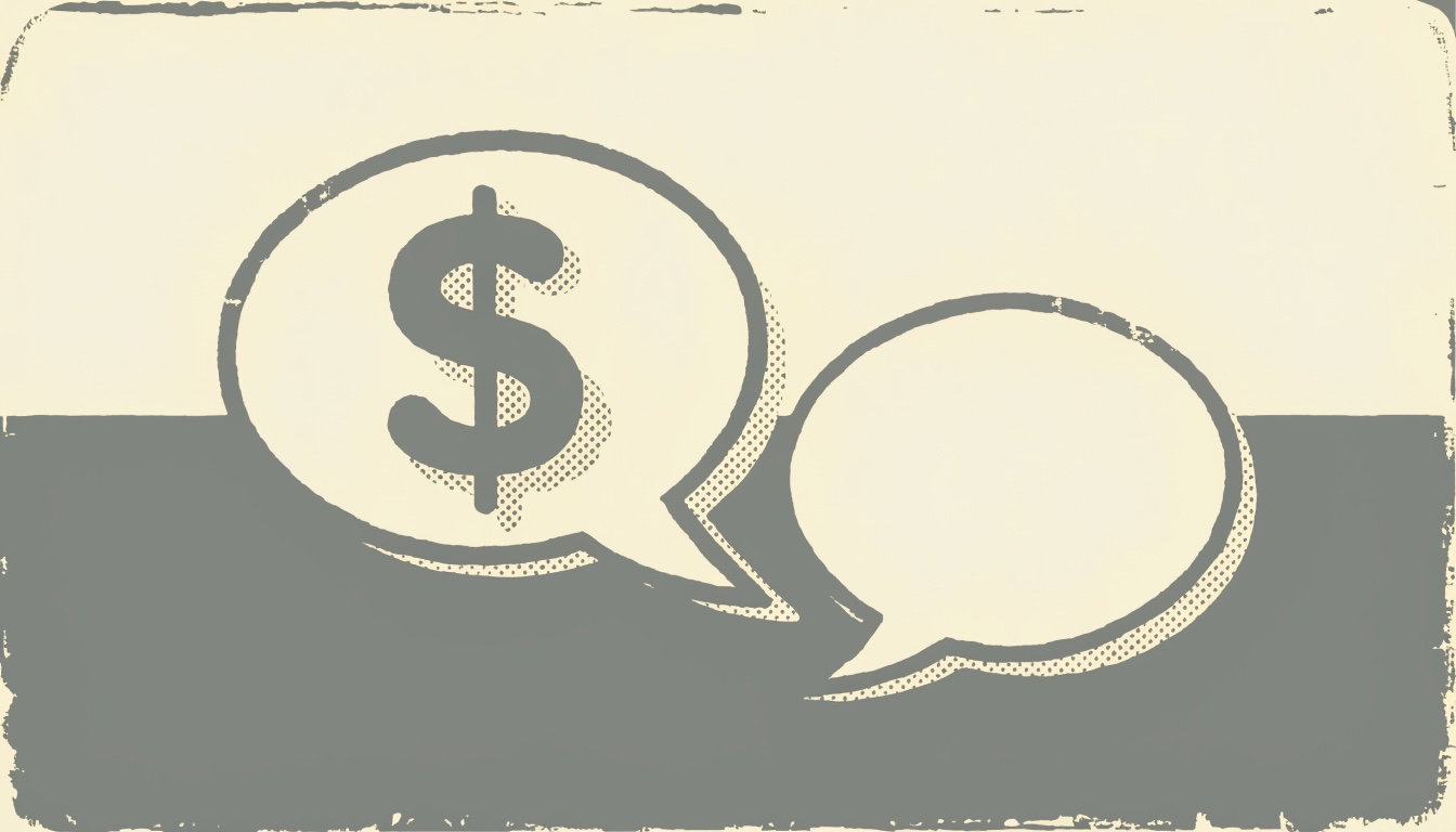 Duotone halftone illustration of two opposing speech bubbles, the larger one holding a dollar sign