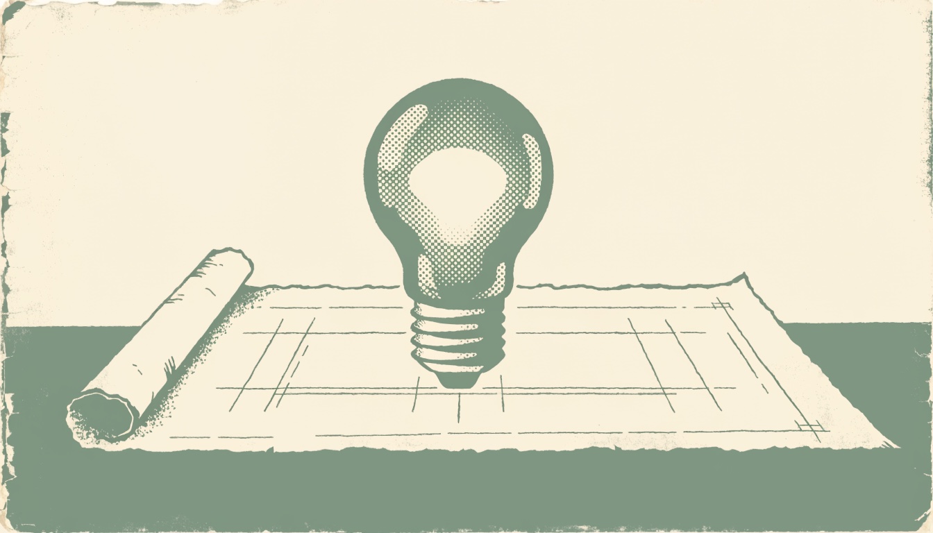 Duotone halftone illustration of a glowing lightbulb resting on an unrolled blueprint
