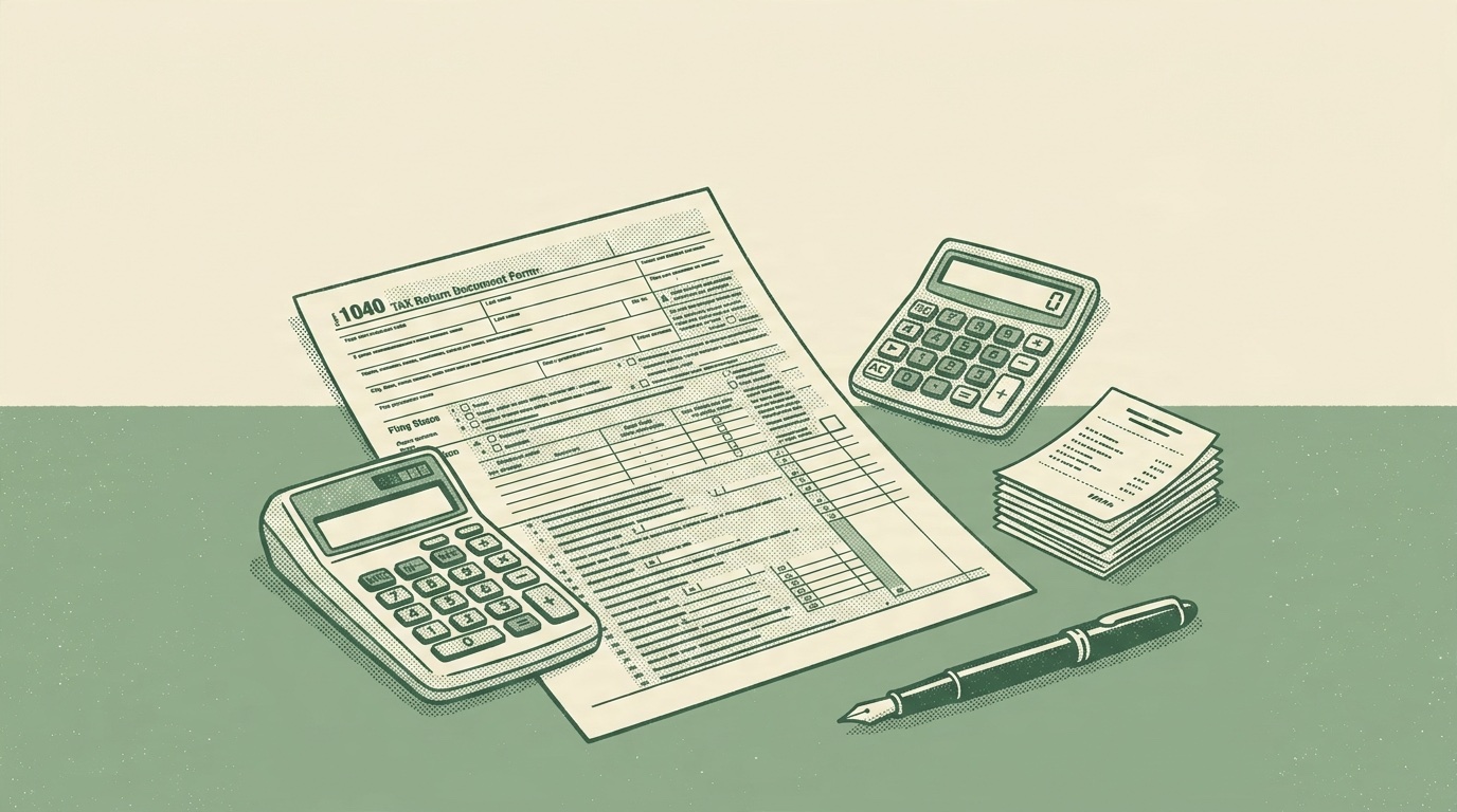 Duotone halftone illustration of a tax return form, a calculator, a stack of receipts, and a fountain pen on a desk